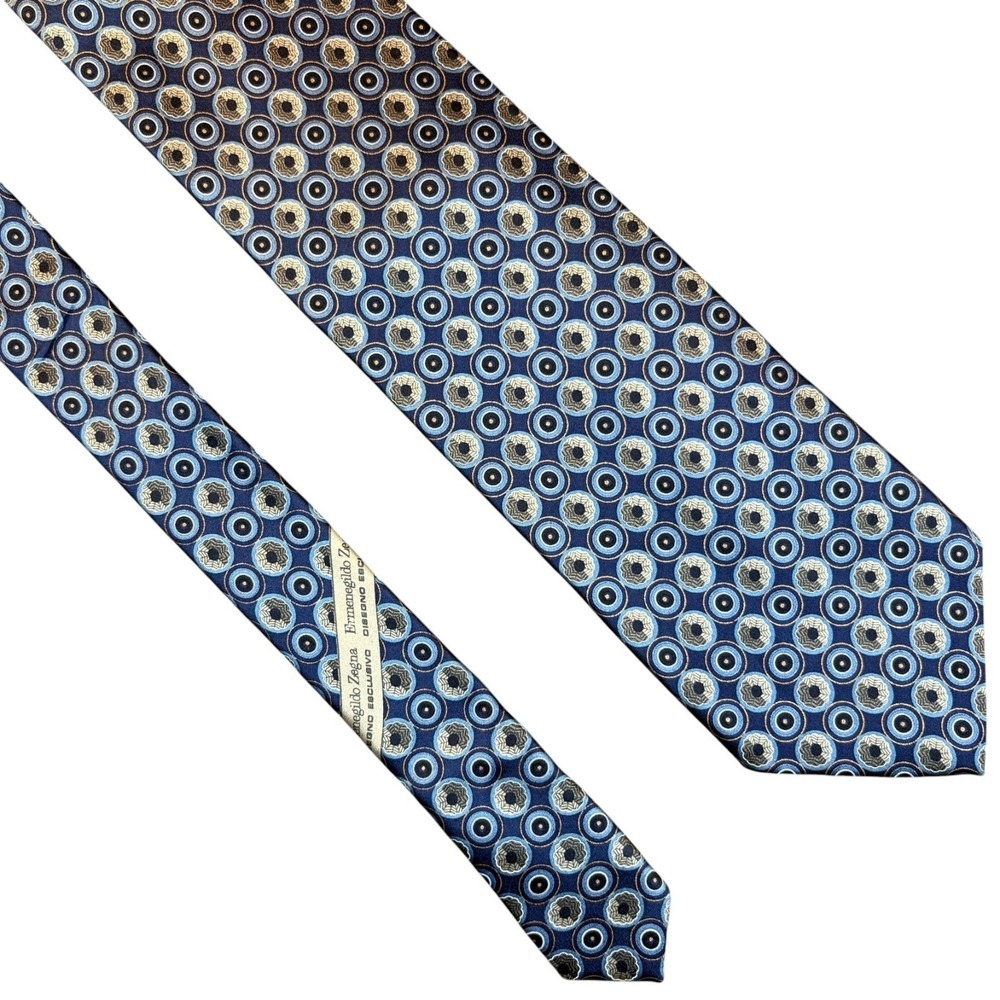 Ermenegildo Zegna Silk Tie Mens Blue White Medallion Italy Necktie 3.75x55.5"